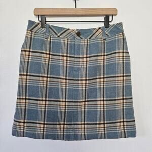 Eddie Bauer Plaid Wool Mini Skirt 12P Petite Blue Brown Ivory‎ Academia Preppy